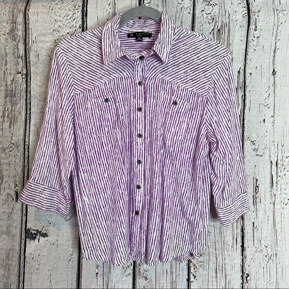 N Touch Petite Striped Button Down Blouse Petite Small PS 3/4 Sleeve Lightweight